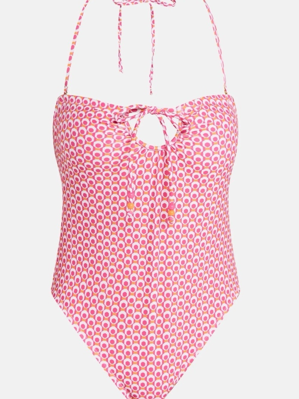 ☀️ Pink Patterned One-Piece Swimsuit with Halter Tie.